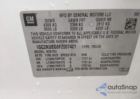 2015 Chevrolet Silverado 2500Hd Wt z USA, uszkodzony, nr VIN 1GC2KUEG6FZ557421